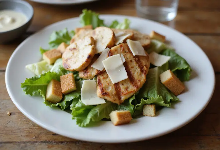 Finished Caesar Salad with Grilled Chicken, a healthy and delicious meal.