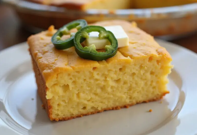 Delicious slice of cheddar jalapeño cornbread with butter and jalapeño garnish.