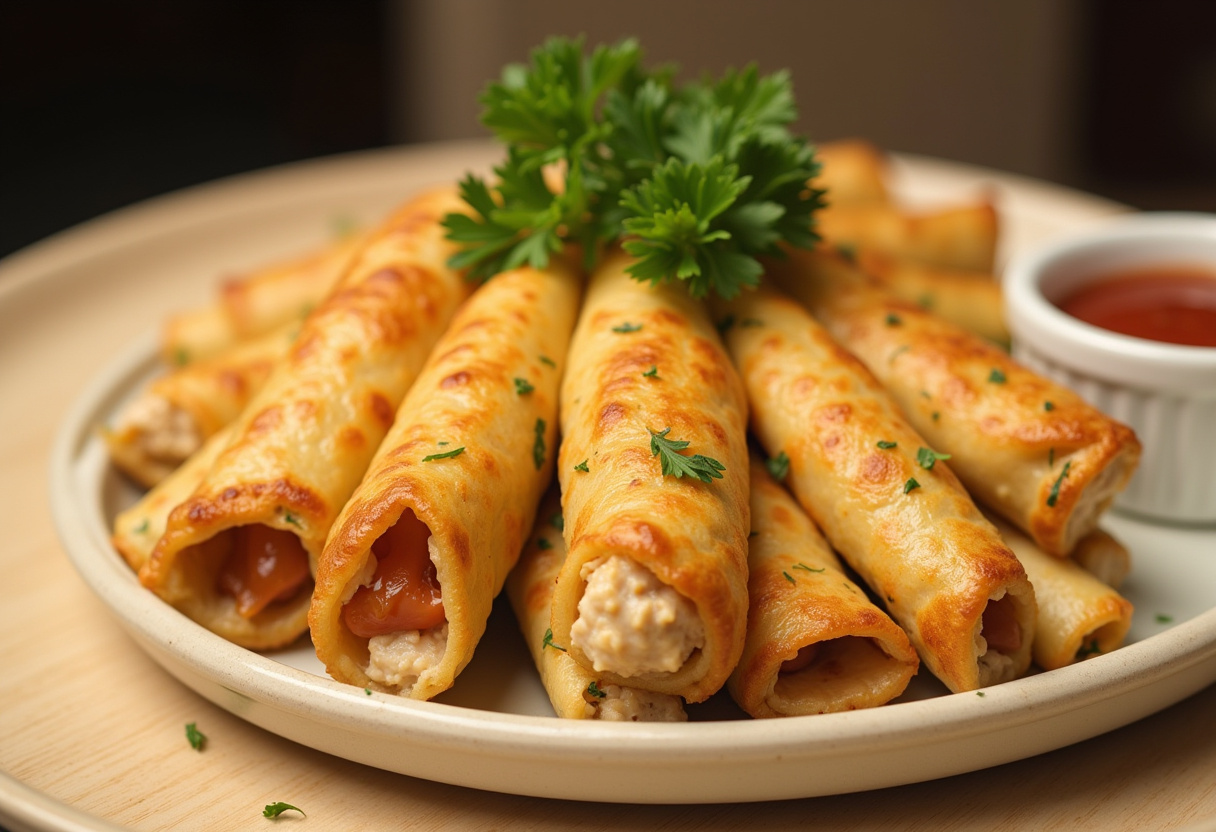 Finished Cheesy Garlic Chicken Wraps sliced and garnished, perfect for serving.