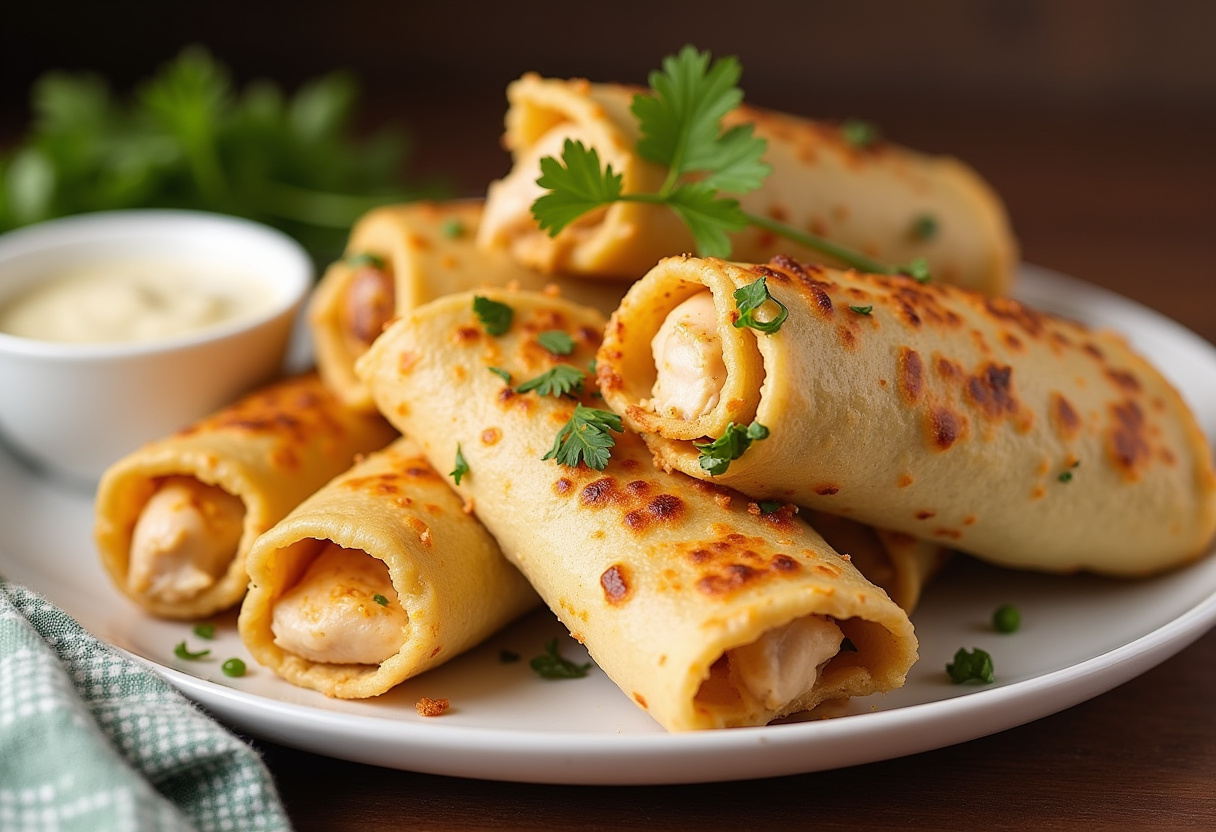 Finished Cheesy Garlic Chicken Wraps sliced and garnished, perfect for serving.