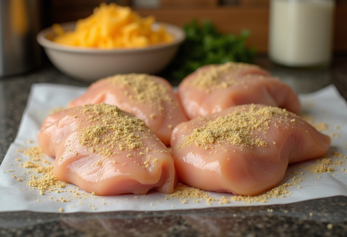Seasoned chicken breasts and shredded cheese prepared for making Cheesy Garlic Chicken Wraps.