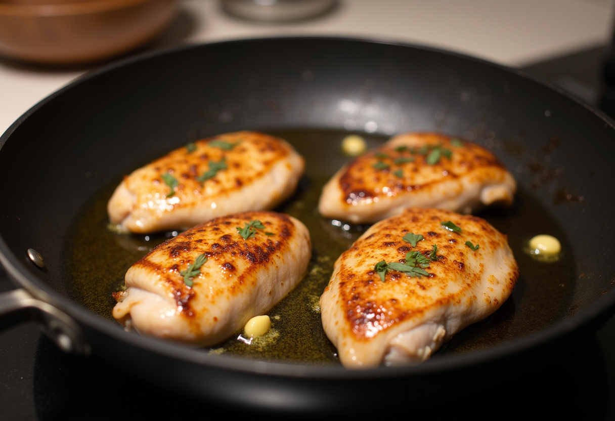 Chicken breasts cooking in a skillet with garlic for Cheesy Garlic Chicken Wraps.
