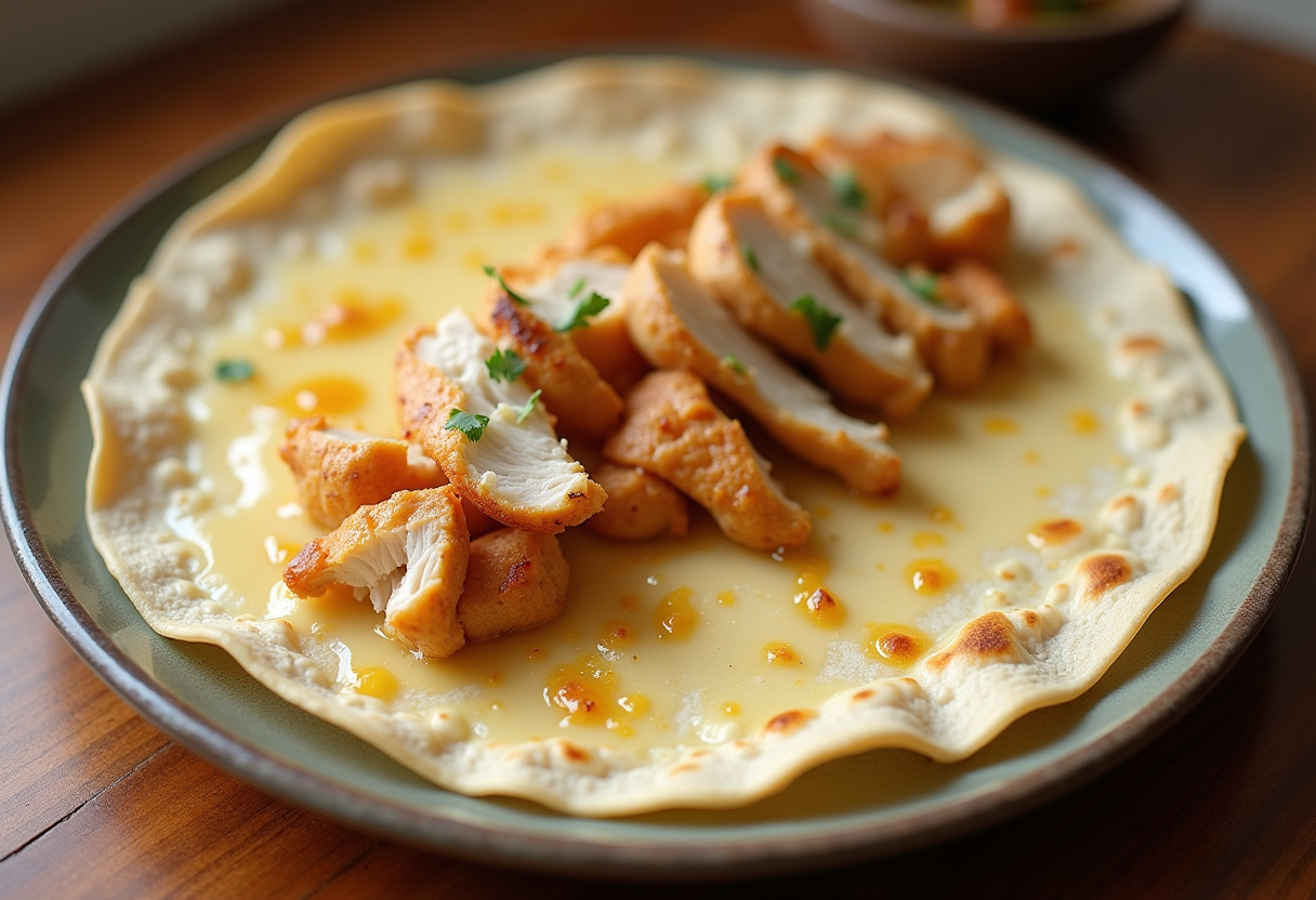 Tortilla with melted cheese and garlic chicken slices for assembling Cheesy Garlic Chicken Wraps.