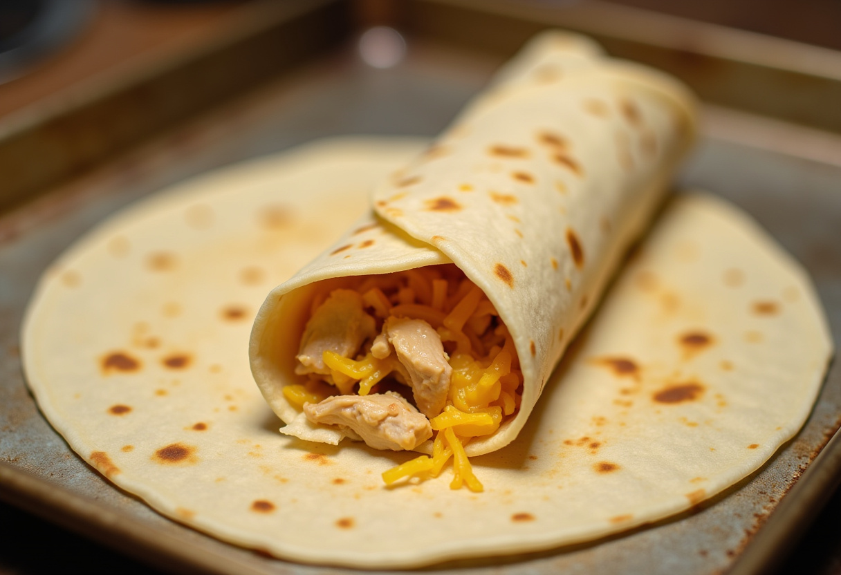 Rolled Cheesy Garlic Chicken Wraps on a baking sheet ready for oven crisping.