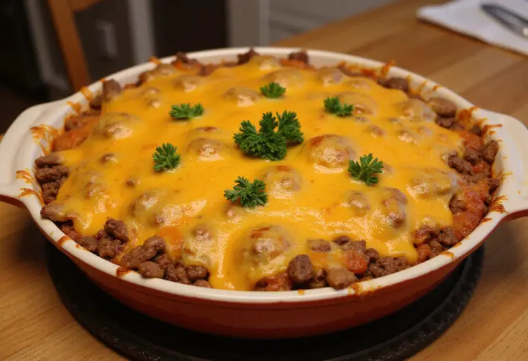 Delicious baked Cheesy Ground Beef Casserole with melted cheese and parsley garnish.