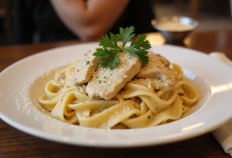 Delicious plate of Chicken Alfredo Pasta garnished with parsley and Parmesan cheese.
