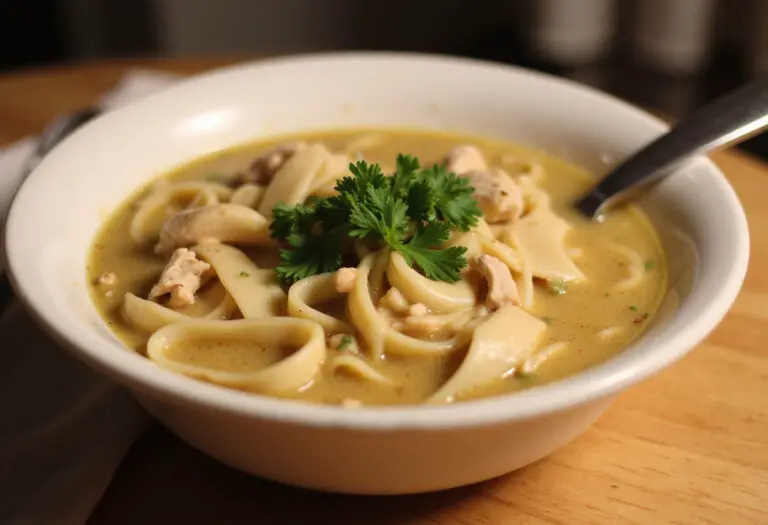 Homemade Chicken Noodle Soup in a bowl, garnished with parsley.