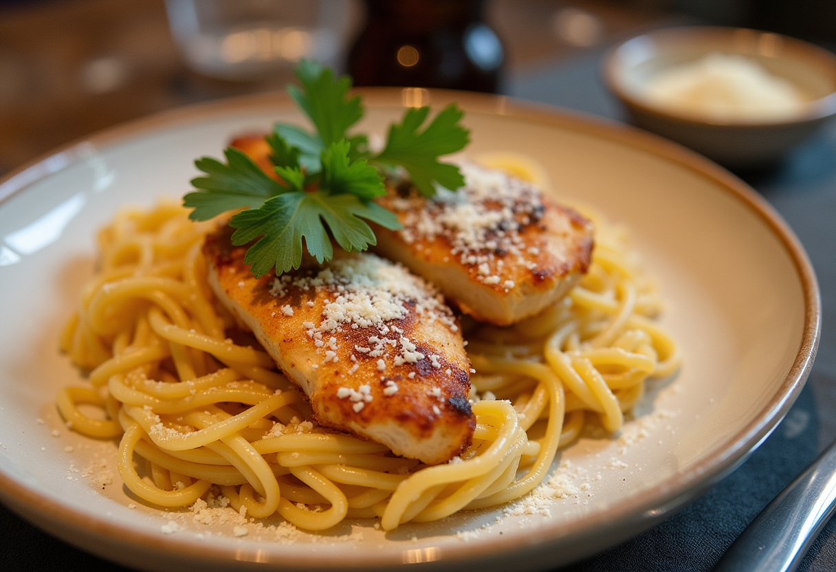 Delicious Chicken Pasta served with fresh parsley and Parmesan cheese, ready to enjoy.