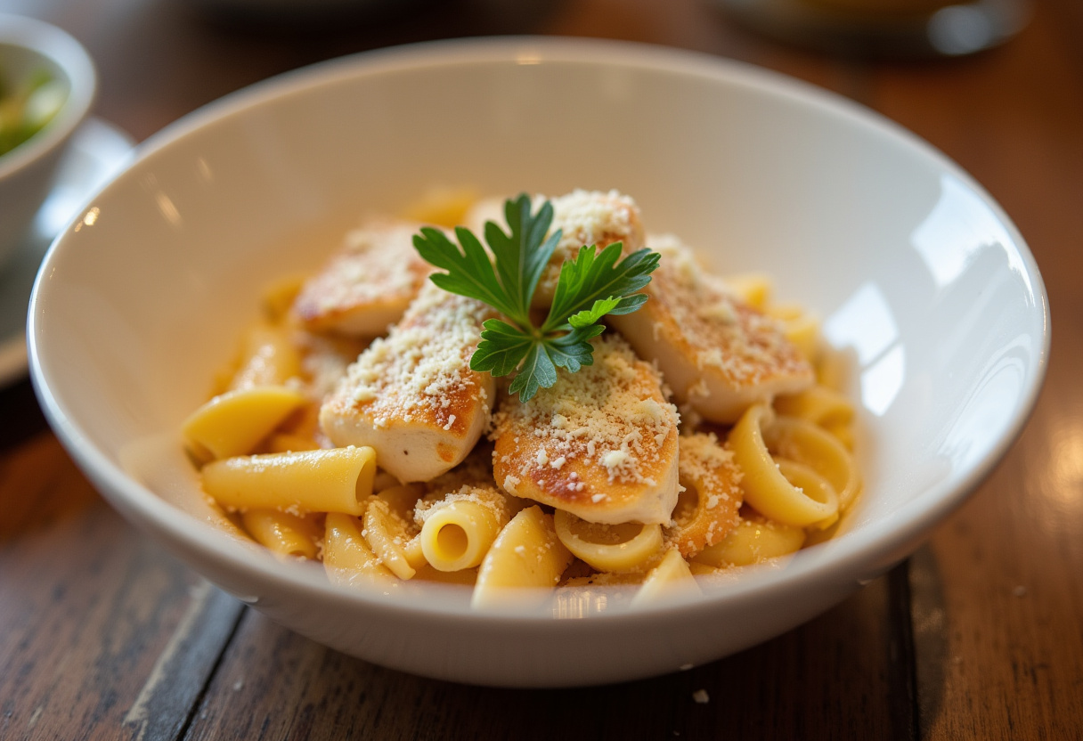 Delicious Chicken Pasta served with fresh parsley and Parmesan cheese, ready to enjoy.