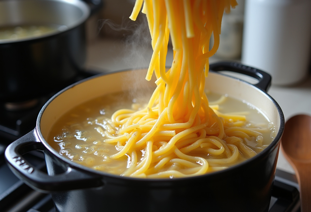 Boiling water with pasta being added for Chicken Pasta Recipe.