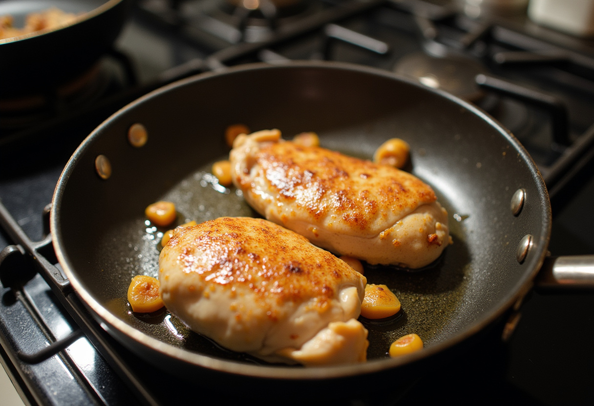 Diced chicken breast cooking in olive oil for Chicken Pasta Recipe.