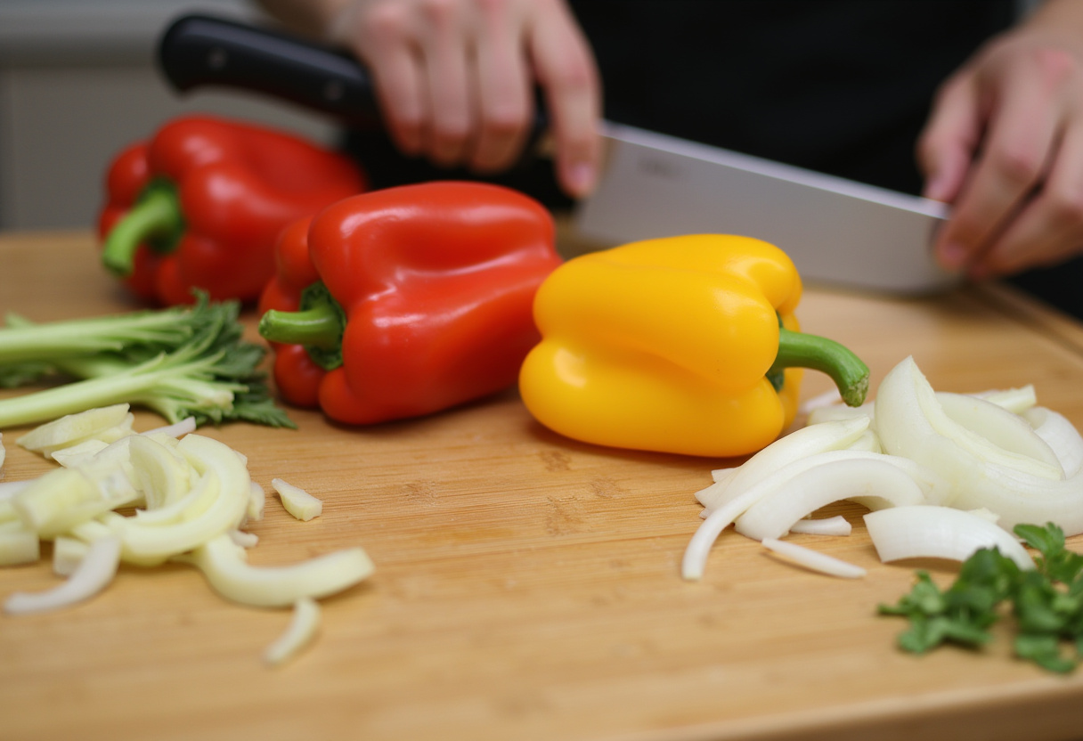 Fresh vegetables being chopped for Chicken Pasta Recipe.