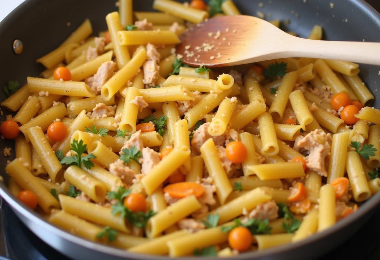 Cooked pasta, chicken, and vegetables being combined for Chicken Pasta Recipe.