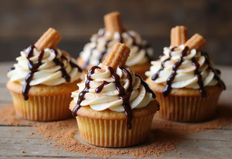 Finished Churro Cupcakes with cinnamon sugar and chocolate sauce ready to be served.