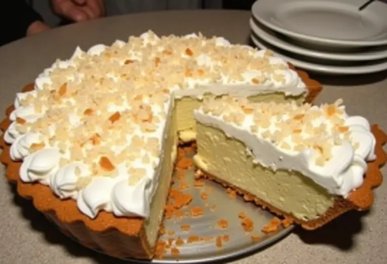 Finished Classic Coconut Cream Pie with whipped cream and toasted coconut, ready to serve.