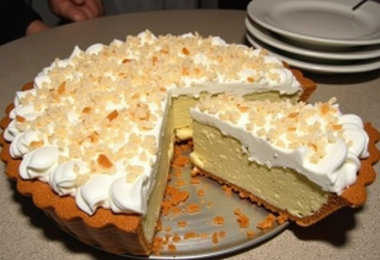 Finished Classic Coconut Cream Pie with whipped cream and toasted coconut, ready to serve.