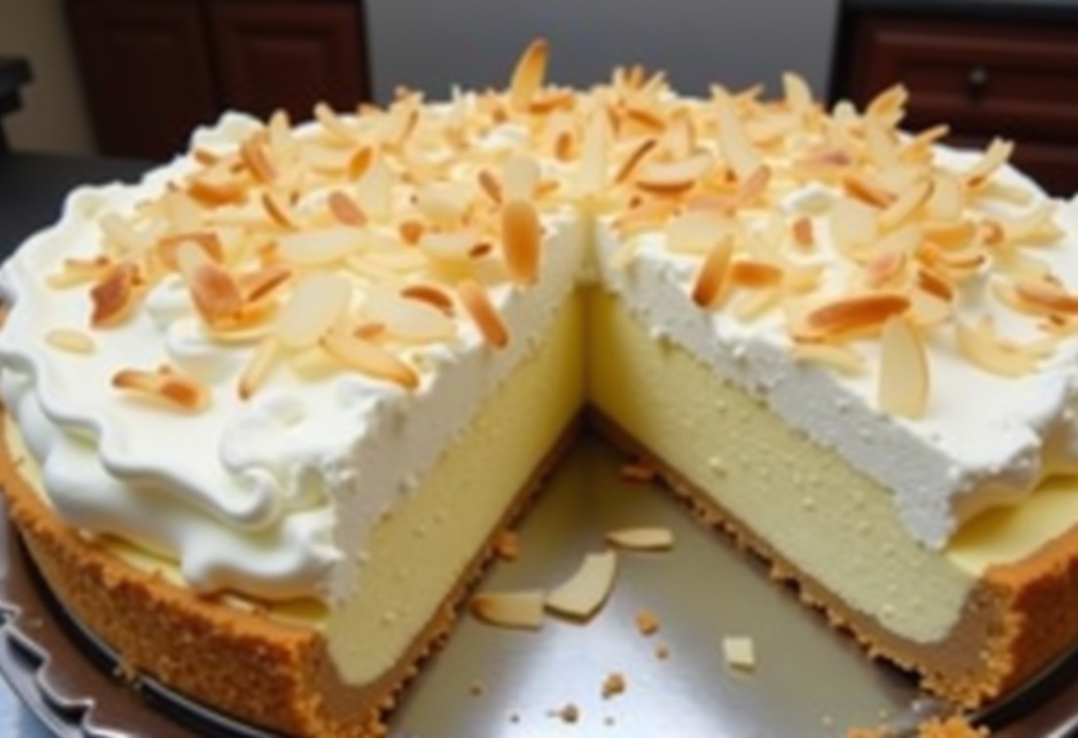 Finished Classic Coconut Cream Pie with whipped cream and toasted coconut, ready to serve.