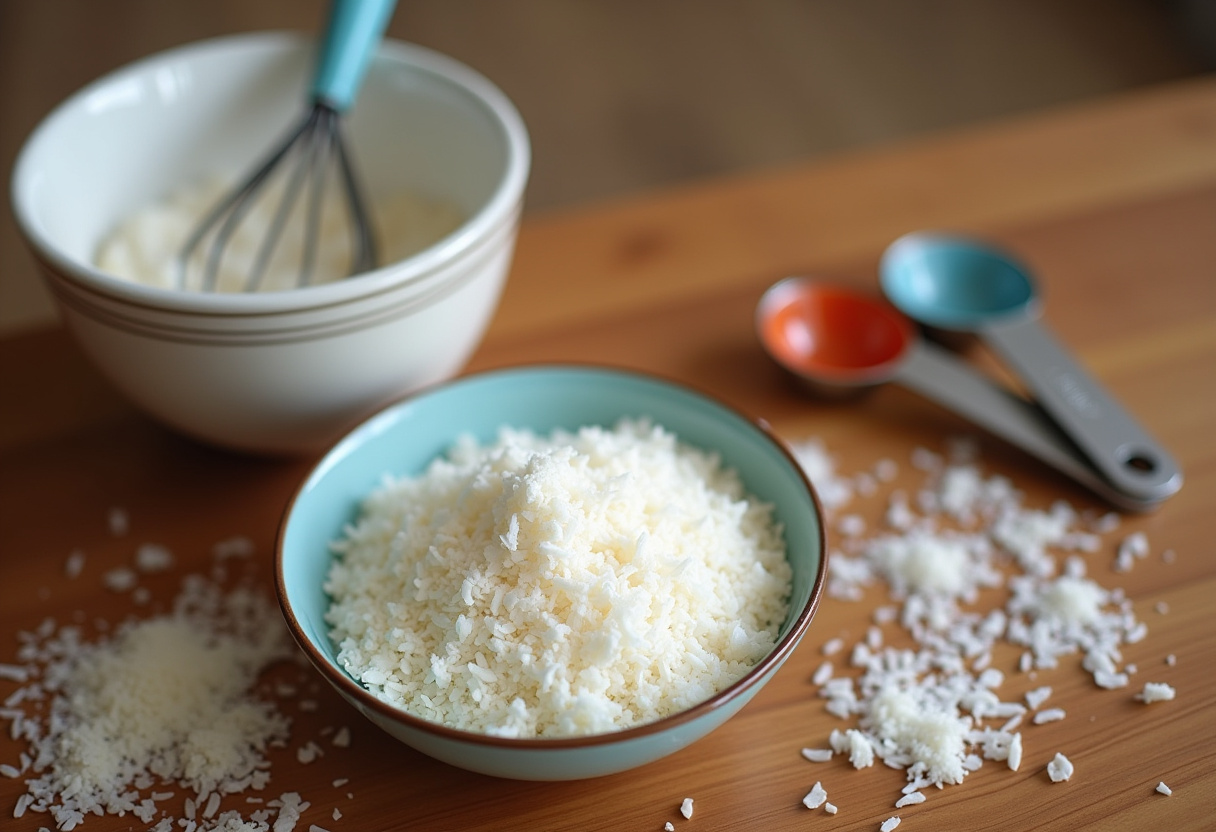 Shredded coconut and mixing tools ready for making Classic Coconut Cream Pie.