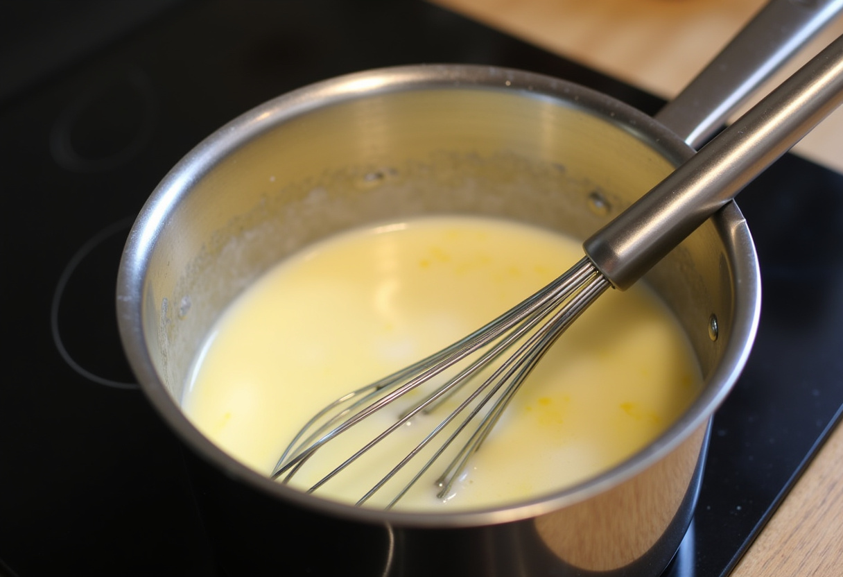 Creamy custard mixture cooking on the stove for Classic Coconut Cream Pie.