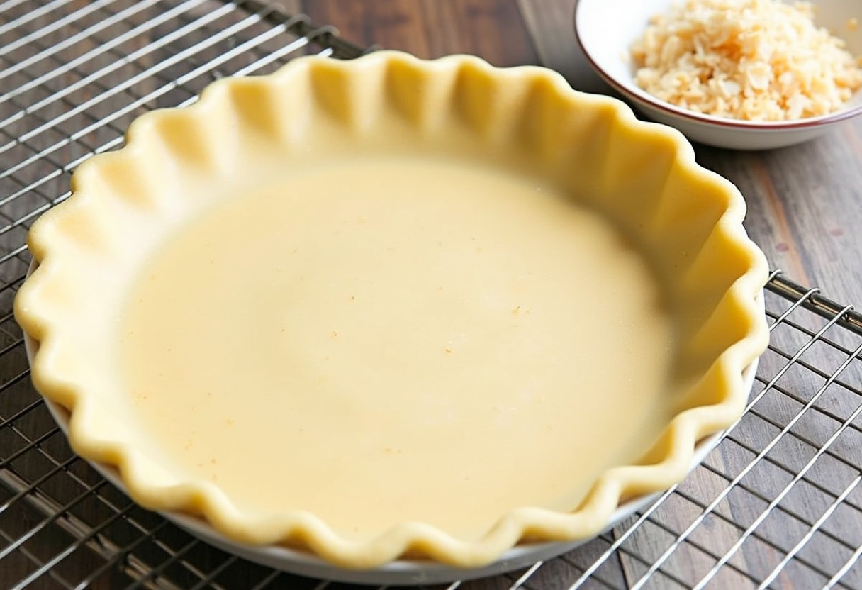 Pre-baked pie crust and toasted coconut for Classic Coconut Cream Pie.
