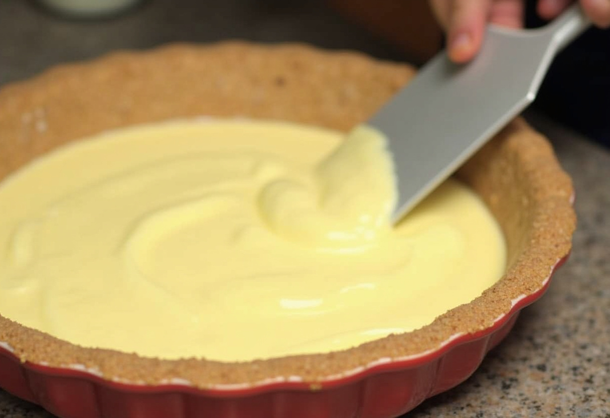 Pie crust filled with coconut custard for Classic Coconut Cream Pie.