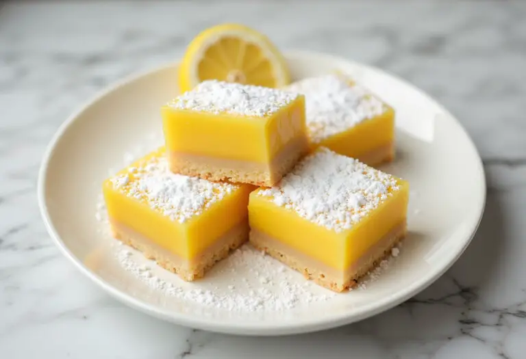 Classic lemon bars with powdered sugar and lemon garnish, ready to serve.