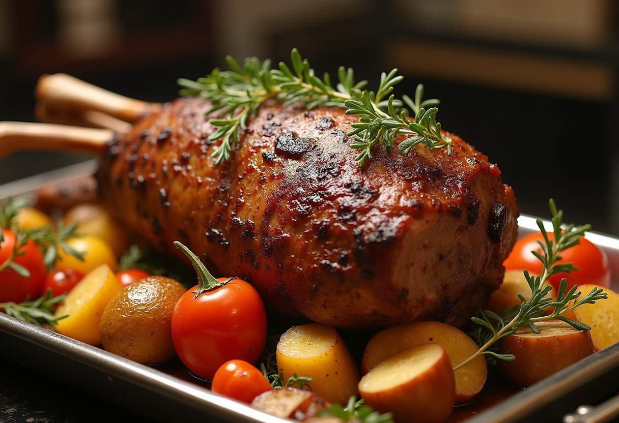 Perfectly roasted Classic Roast Leg of Lamb with vegetables, ready to serve.