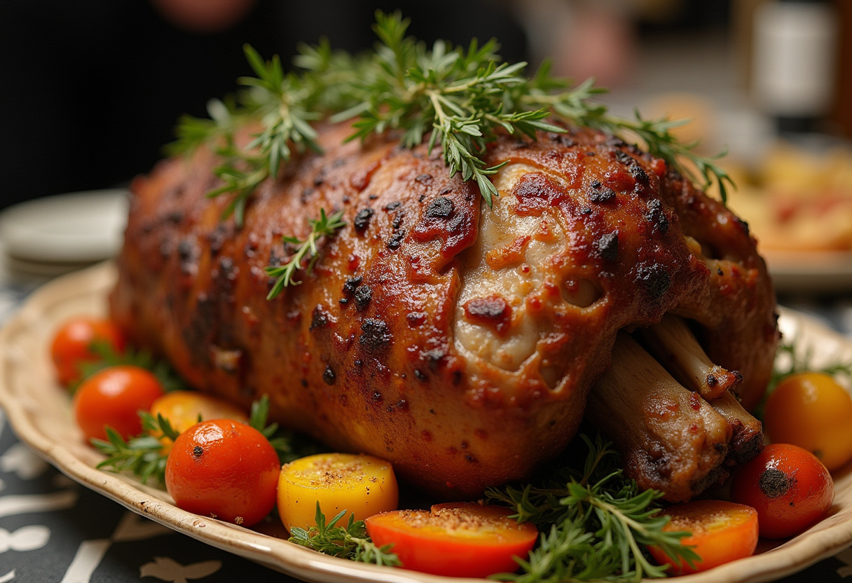 Perfectly roasted Classic Roast Leg of Lamb with vegetables, ready to serve.