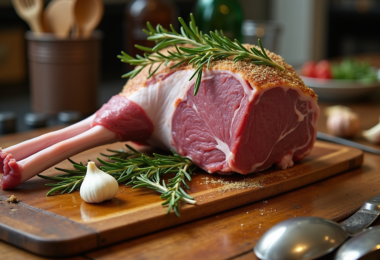 Fresh leg of lamb seasoned with rosemary and garlic for Classic Roast Leg of Lamb.
