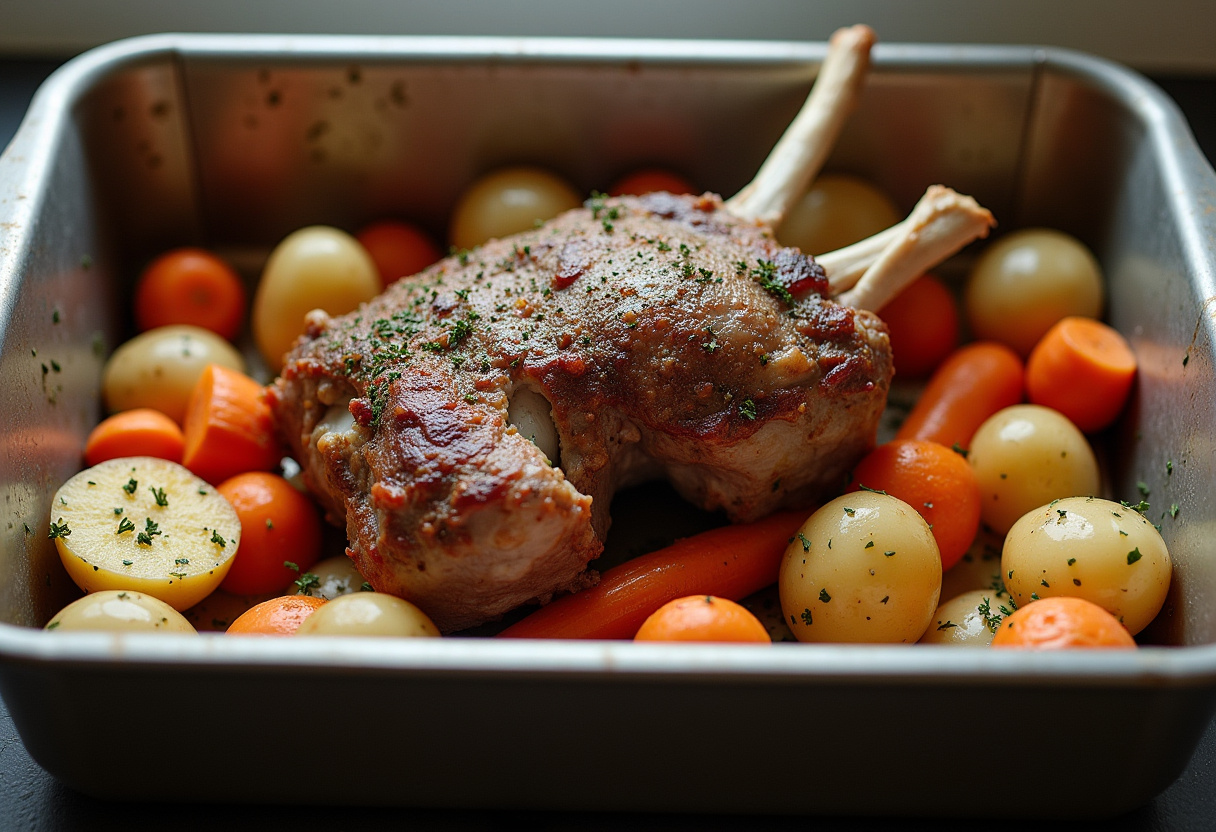 Seasoned leg of lamb in a roasting pan with vegetables for Classic Roast Leg of Lamb.