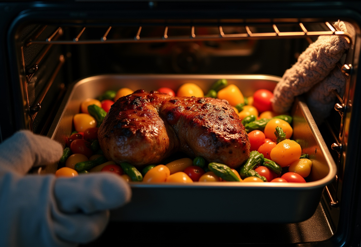 Roasting pan with leg of lamb and vegetables going into the oven.