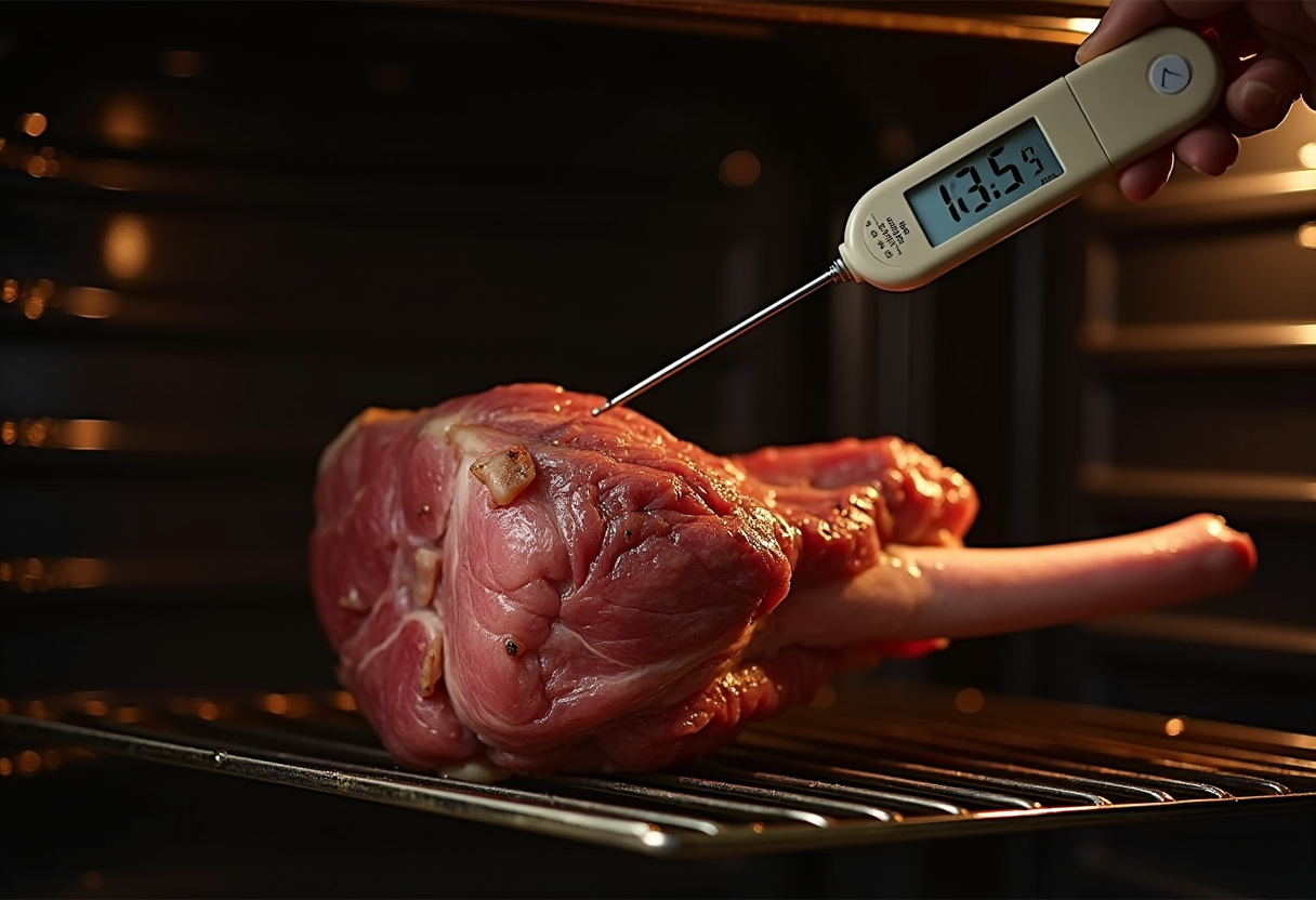 Checking the internal temperature of the roasting leg of lamb.