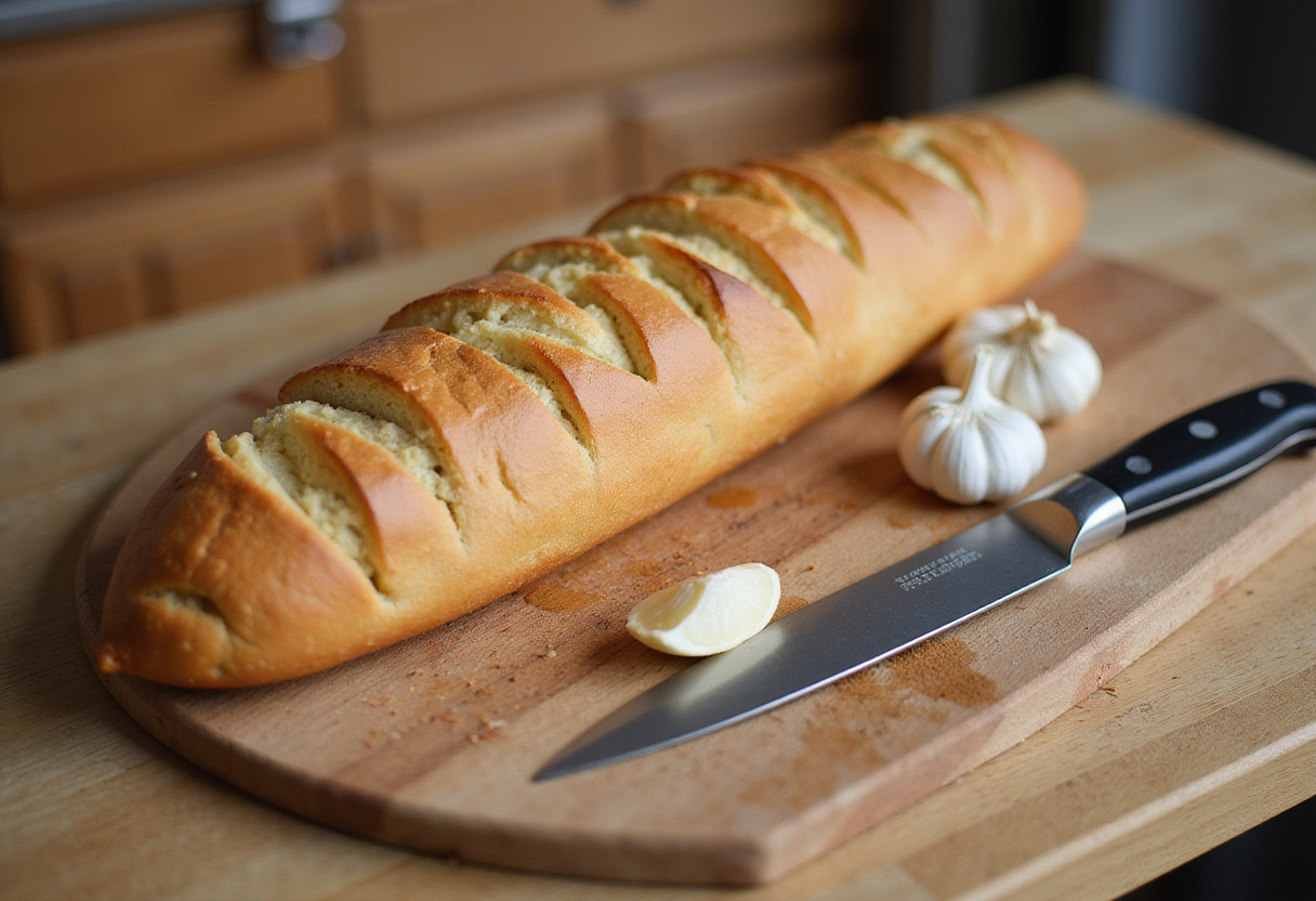 Sliced baguette bread preparation for Cunetto's Garlic Cheese Bread recipe.