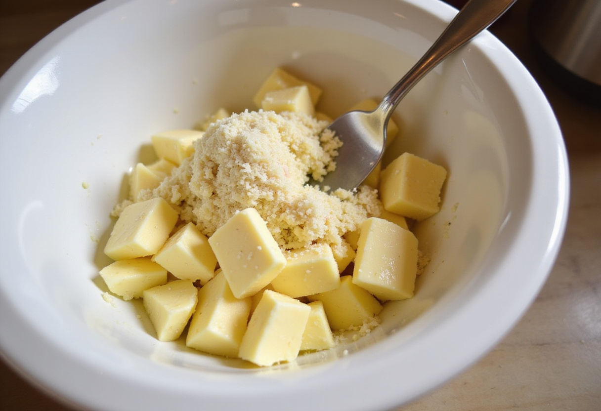 Preparing garlic cheese spread for classic garlic cheese bread.