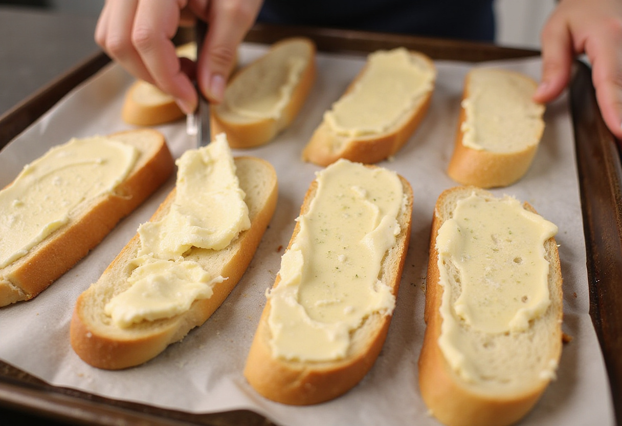 Applying garlic cheese mixture to baguette slices for Cunetto's garlic bread.
