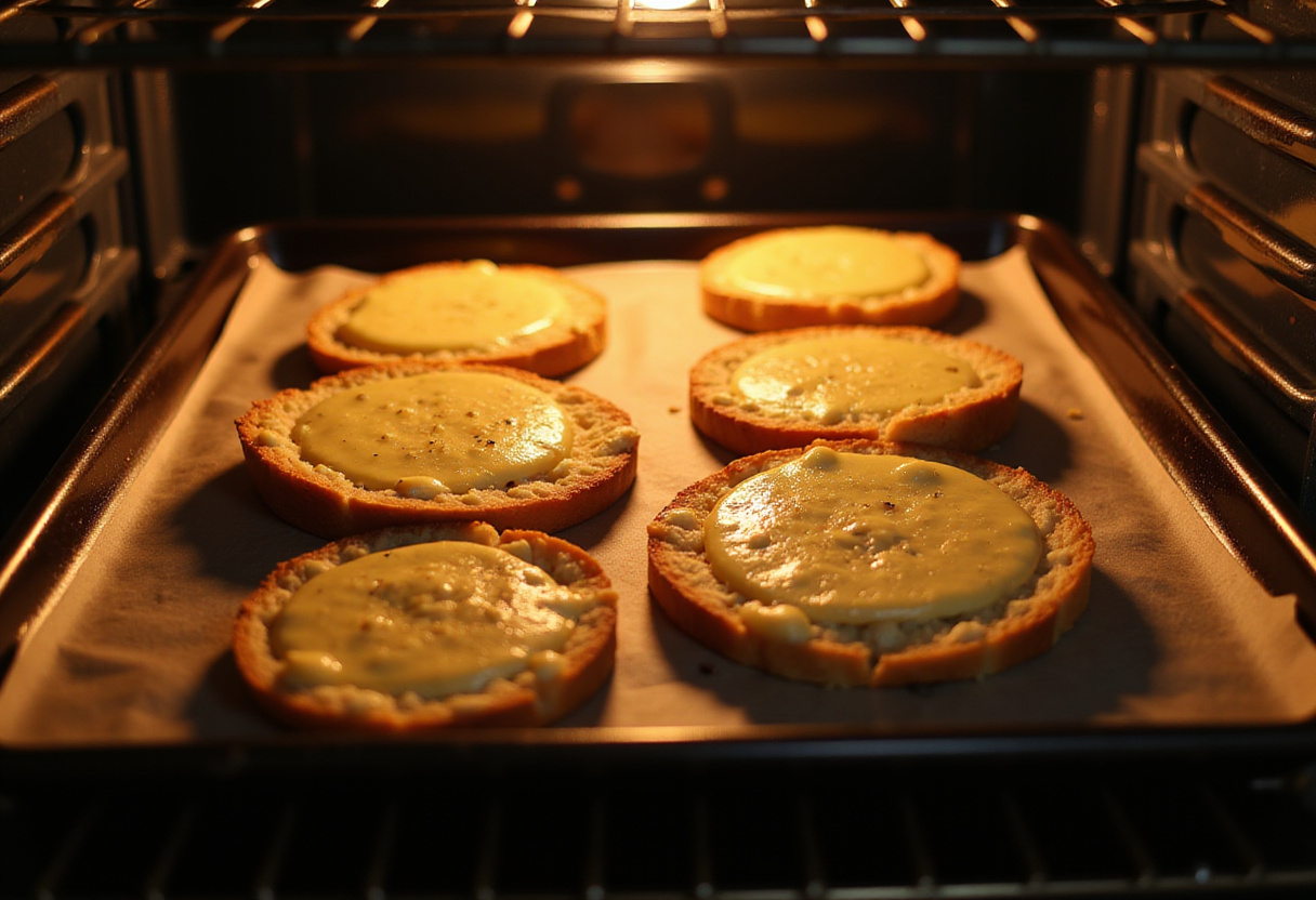 Baking garlic cheese bread in the oven for a perfect golden-brown finish.
