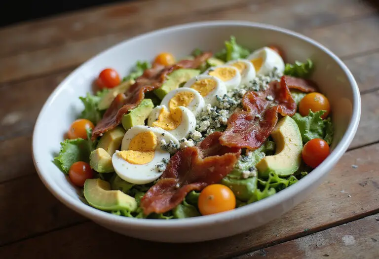 Finished Cobb Salad with rows of various ingredients and vinaigrette, ideal for a healthy meal.