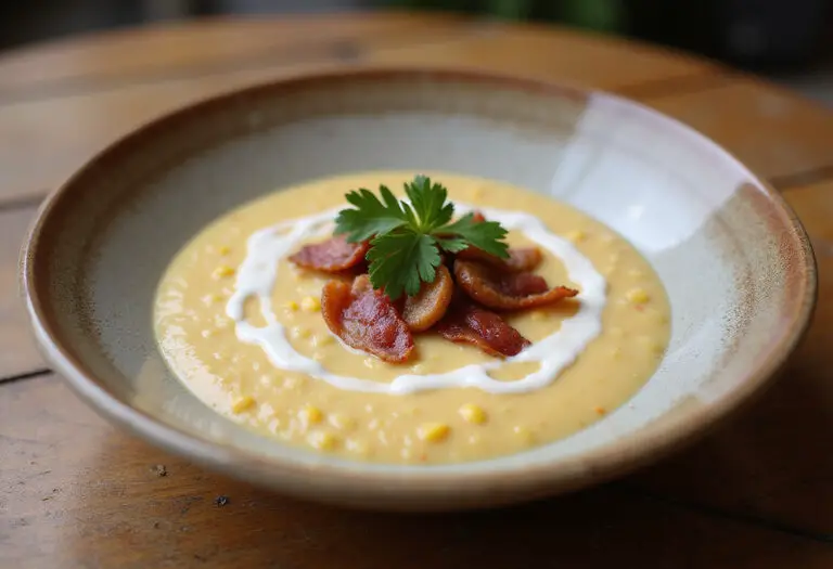 Bowl of delicious corn chowder with bacon and parsley garnish.