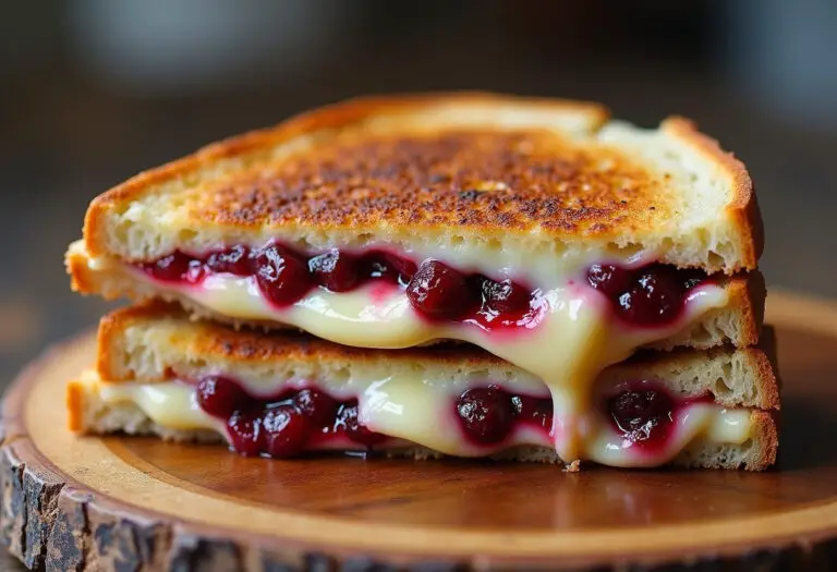 Delicious Cranberry Brie & Mozzarella Grilled Sandwich with melted cheese and cranberries.