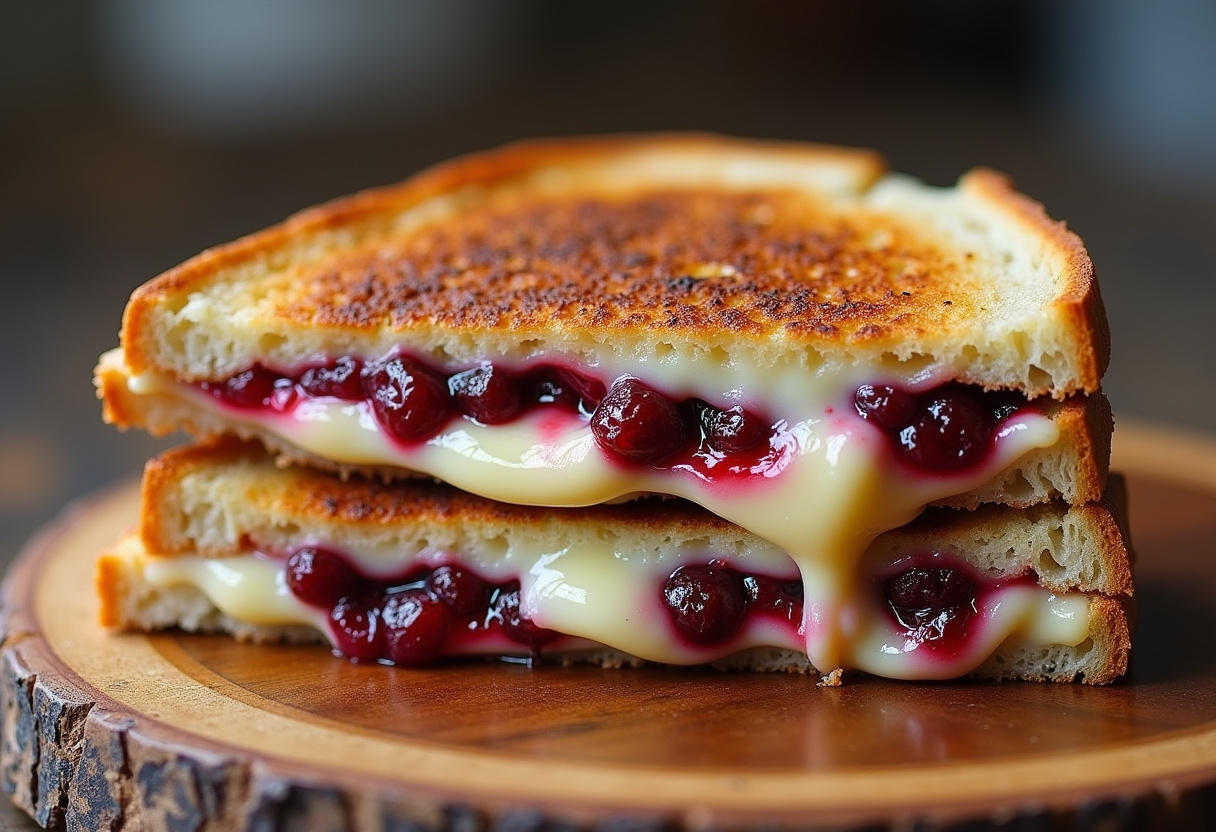 Delicious Cranberry Brie & Mozzarella Grilled Sandwich with melted cheese and cranberries.