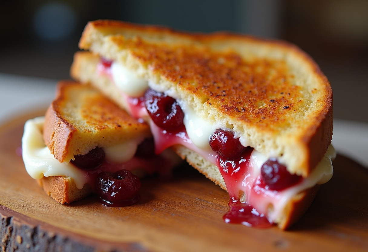 Delicious Cranberry Brie & Mozzarella Grilled Sandwich with melted cheese and cranberries.