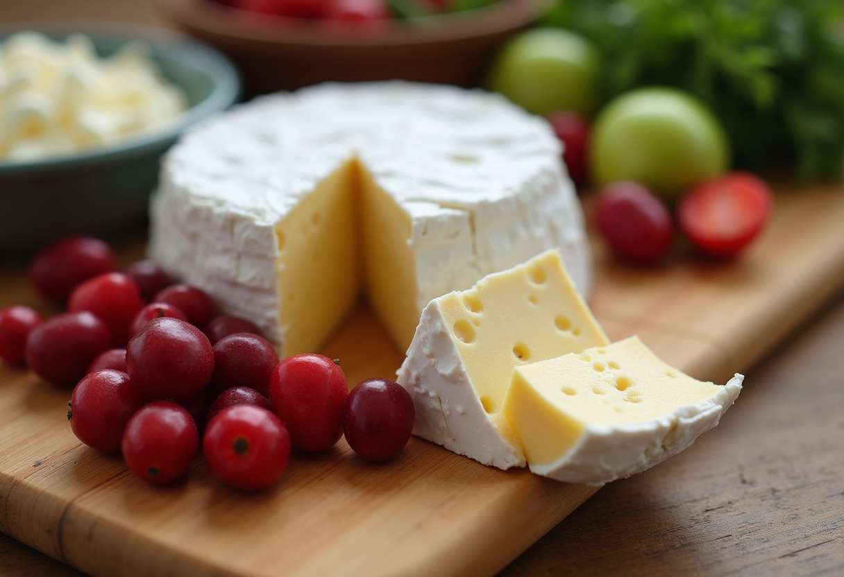 Fresh cranberries and brie cheese prepared for making Cranberry Brie & Mozzarella Grilled Sandwich.
