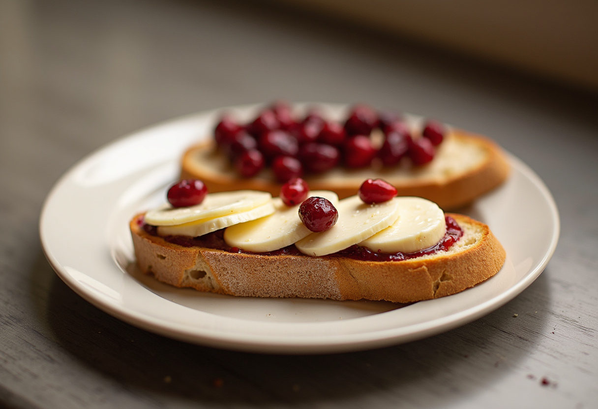 Assembling Cranberry Brie & Mozzarella Grilled Sandwich with bread, cheese, and cranberries.