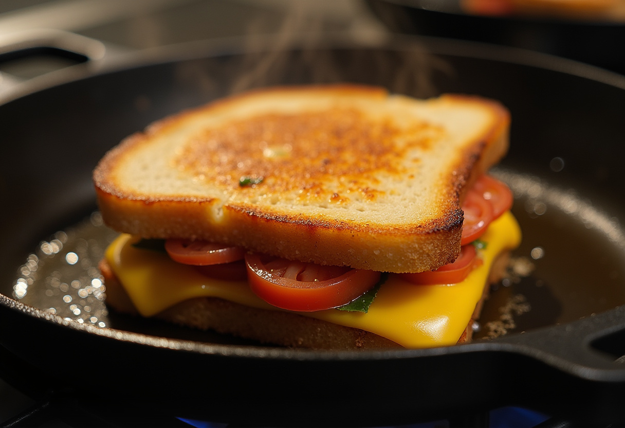 Cranberry Brie & Mozzarella Grilled Sandwich cooking to perfection in a skillet.