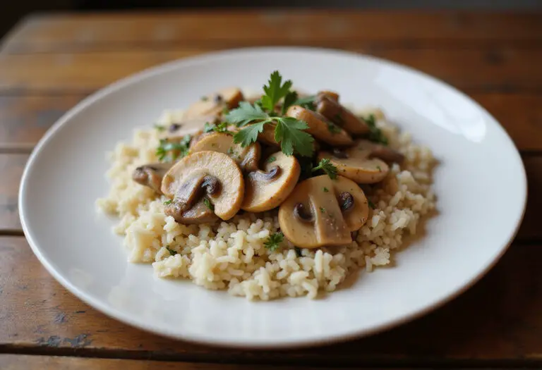 Finished creamy chicken and mushroom skillet served with rice.
