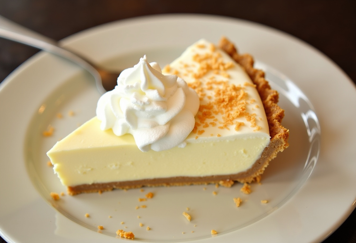 Finished Creamy Coconut Cream Pie with whipped cream and toasted coconut topping.