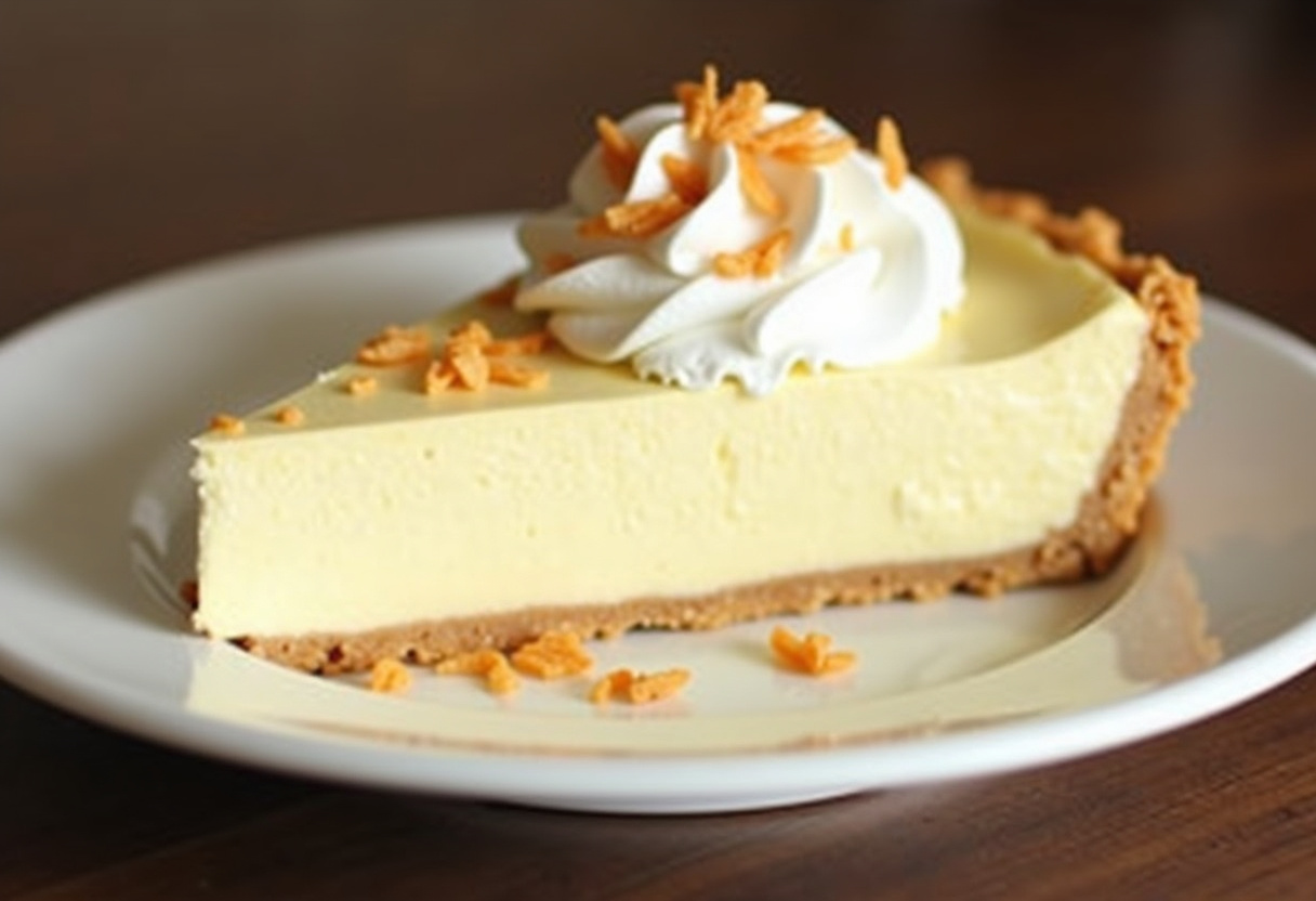 Finished Creamy Coconut Cream Pie with whipped cream and toasted coconut topping.