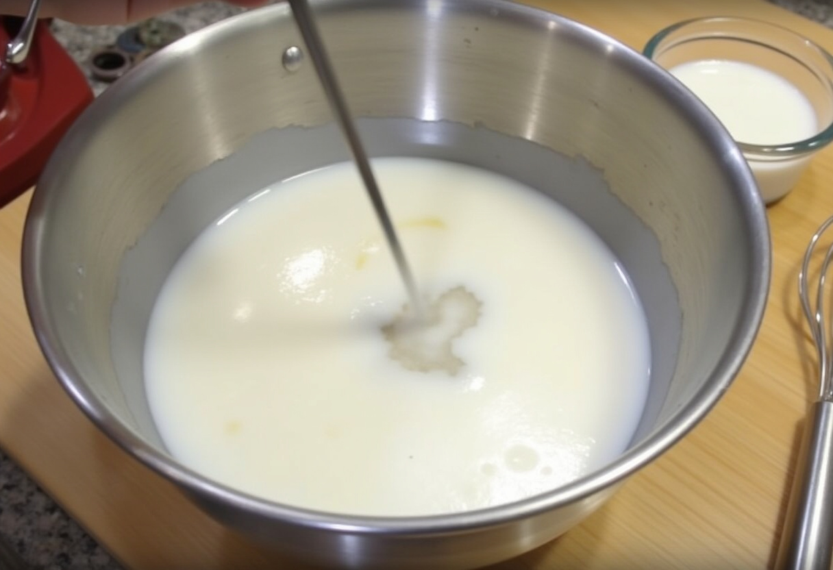 Coconut milk and sugar mixed in a bowl for Creamy Coconut Cream Pie.