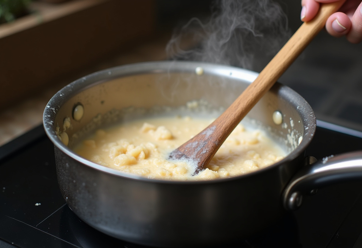 Coconut mixture heating on the stove for Creamy Coconut Cream Pie filling.