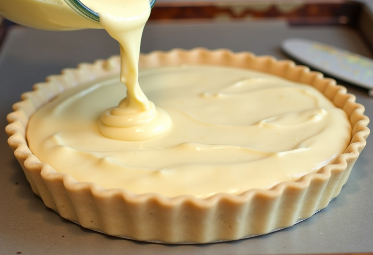 Creamy coconut filling poured into a pie crust for Coconut Cream Pie.